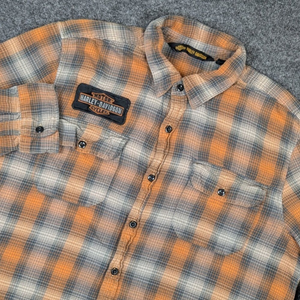 Harley-Davidson Mens XL Orange Grey Plaid Long Sleeve Button Down Eagle Shirt